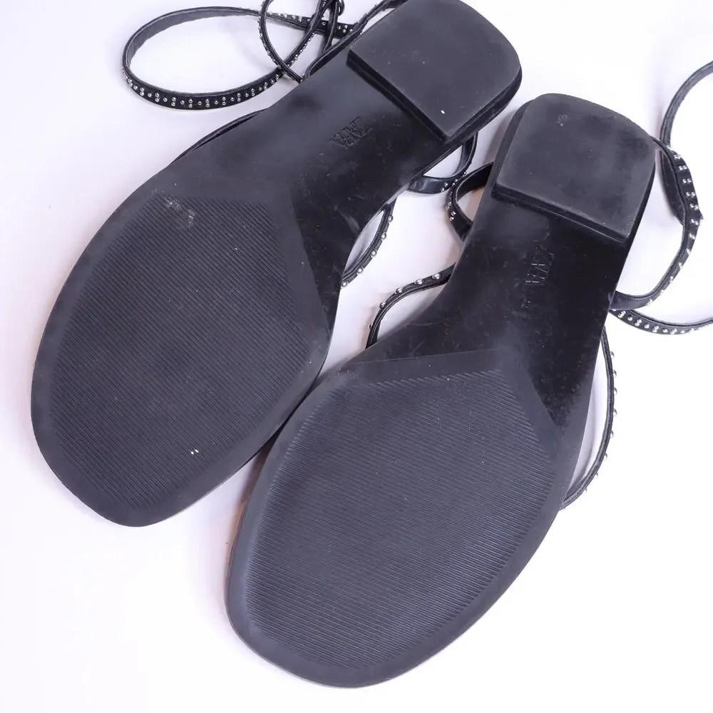 ZARA Studded Flat Wrap Sandals Silver Black Leather Women's 41/US 10 - Picture 6 of 8